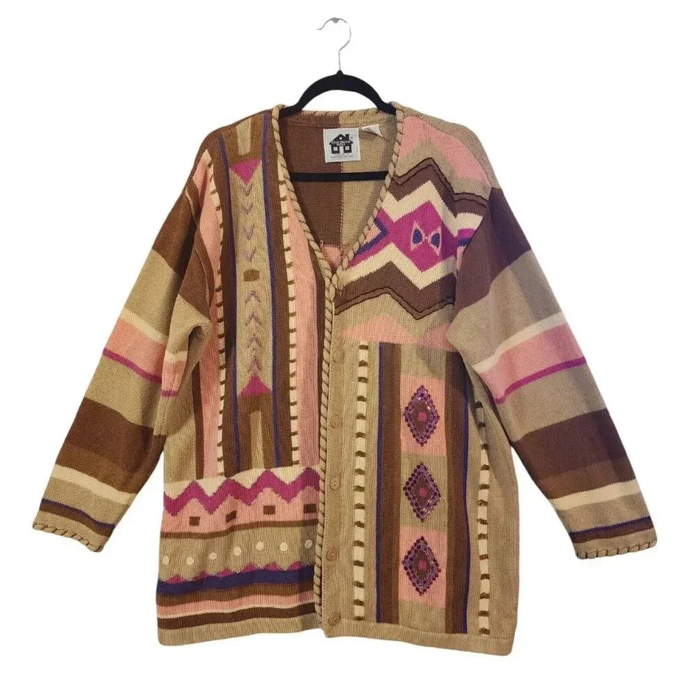 Storybook Knits Southwestern Maze Sweater Brown Multi Ramie Cotton Blend Size 1x